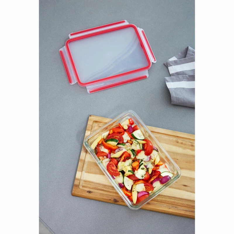 EMSA Clip & Close GLAS Frischhaltedose, mit Trennwand, Vorratsbehälter, Vorratsdose, Transparent / Rot, 0.8 L, N10407