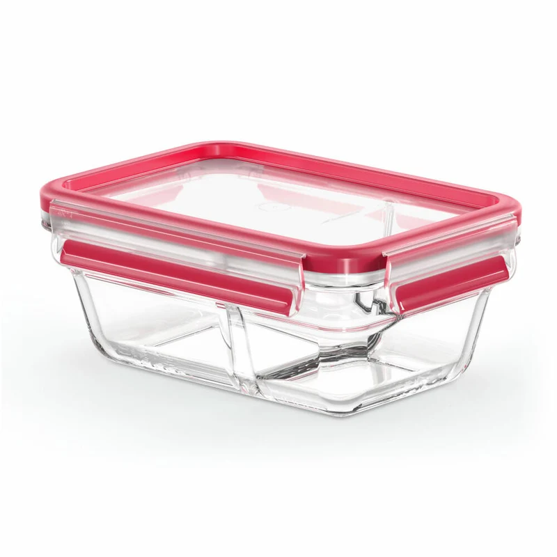 EMSA Clip & Close GLAS Frischhaltedose, mit Trennwand, Vorratsbehälter, Vorratsdose, Transparent / Rot, 0.8 L, N10407