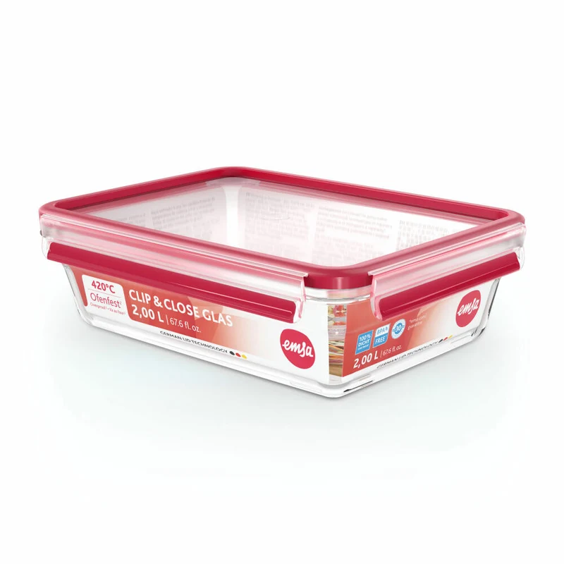 EMSA Clip & Close GLAS Frischhaltedose, Vorratsbehälter, Vorratsdose, Transparent / Rot, 2 L, N10411