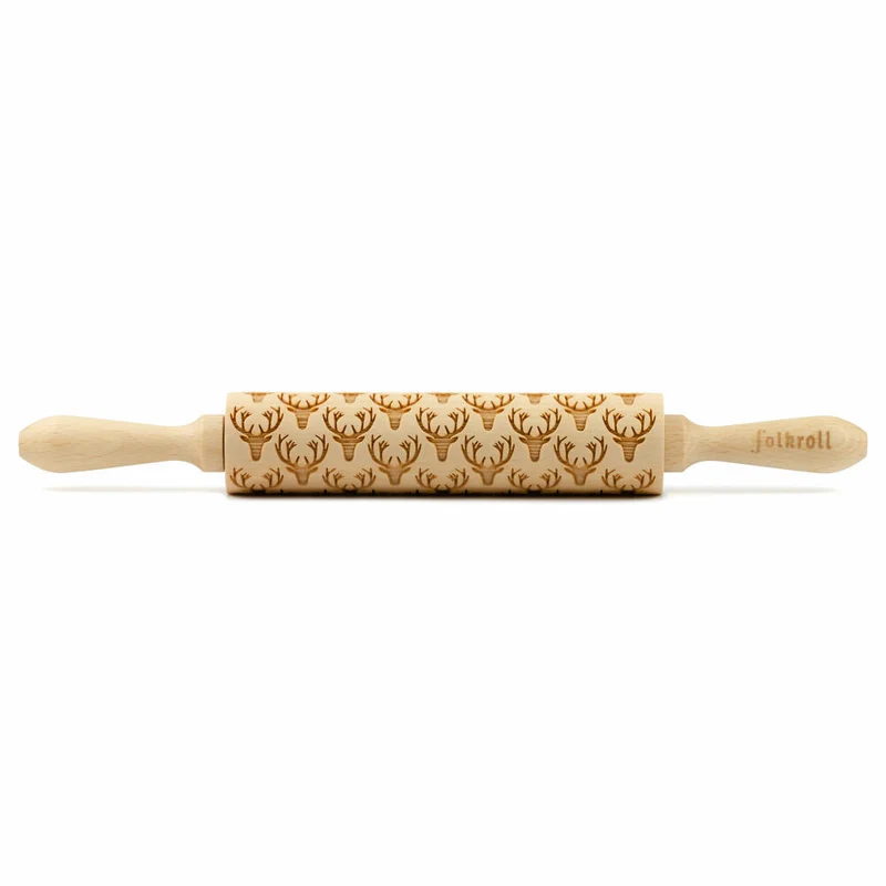 Folkroll Motiv-Teigrolle Hirschgeweih, medium, 37 cm, Nudelholz, Prägerolle, Muster, Rolle, Buchenholz, 892516