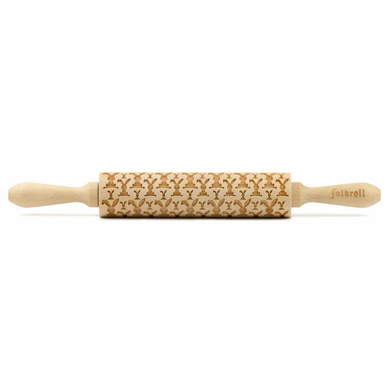 Folkroll Motiv-Teigrolle Osterhasen, medium, 37 cm, Nudelholz, Prägerolle, Muster, Rolle, Buchenholz, 892547