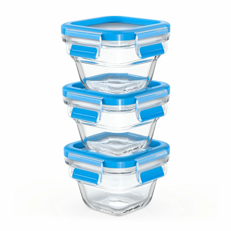 EMSA Clip & Close GLAS Frischhaltedosen, 3er Set, Frischhaltedose, Vorratsbehälter, Vorratsdose, Transparent / Blau, 0.18 L, N10507