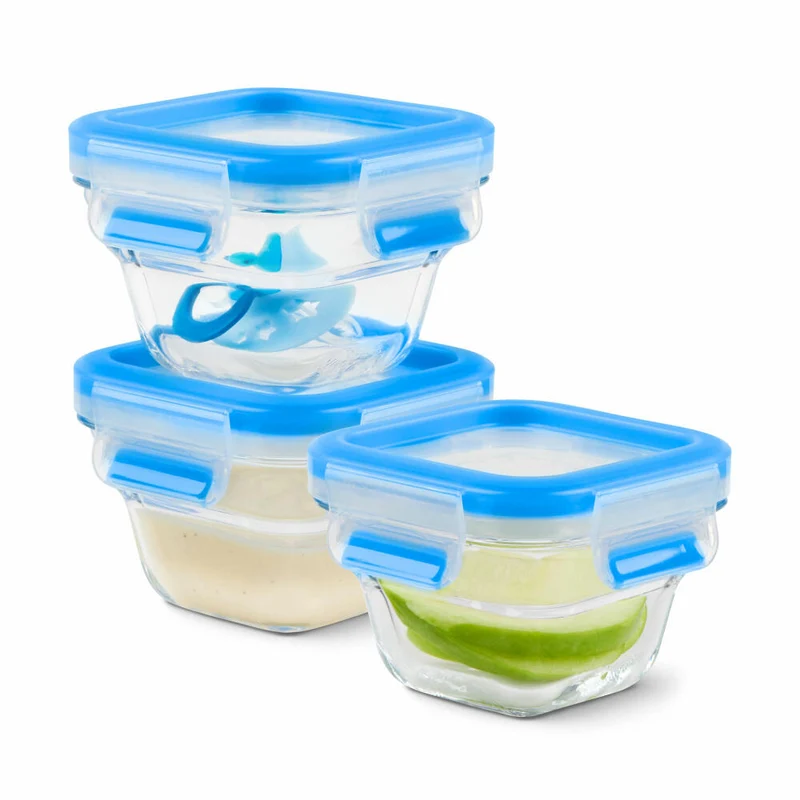 EMSA Clip & Close GLAS Frischhaltedosen, 3er Set, Frischhaltedose, Vorratsbehälter, Vorratsdose, Transparent / Blau, 0.18 L, N10507