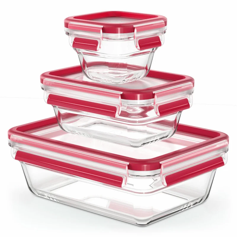 EMSA Clip & Close GLAS Frischhaltedosen, 3-tlg., Frischhaltedose, Vorratsbehälter, Vorratsdose, Transparent / Rot, 0.18 L / 0.45 L / 1.3 L, N10508