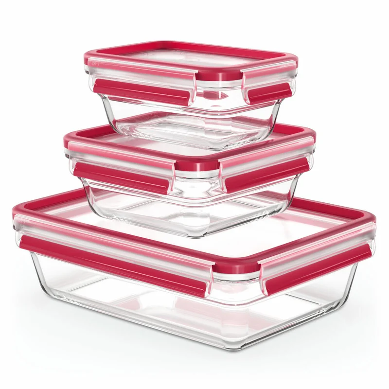 EMSA Clip & Close GLAS Frischhaltedosen, 3-tlg., Frischhaltedose, Vorratsbehälter, Vorratsdose, Transparent / Rot, 0.45 L / 0.8 L / 2 L, N10509