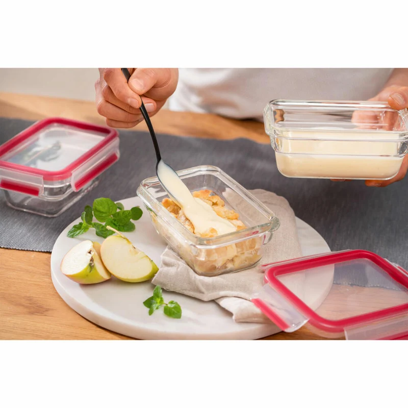 EMSA Clip & Close GLAS Frischhaltedosen, 3er Set, Frischhaltedose, Vorratsbehälter, Vorratsdose, Transparent / Rot, 0.45 L, N10511