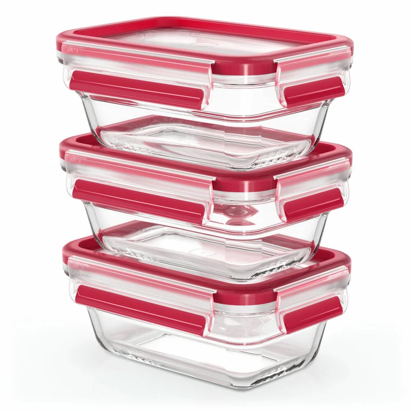 EMSA Clip & Close GLAS Frischhaltedosen, 3er Set, Frischhaltedose, Vorratsbehälter, Vorratsdose, Transparent / Rot, 0.45 L, N10511