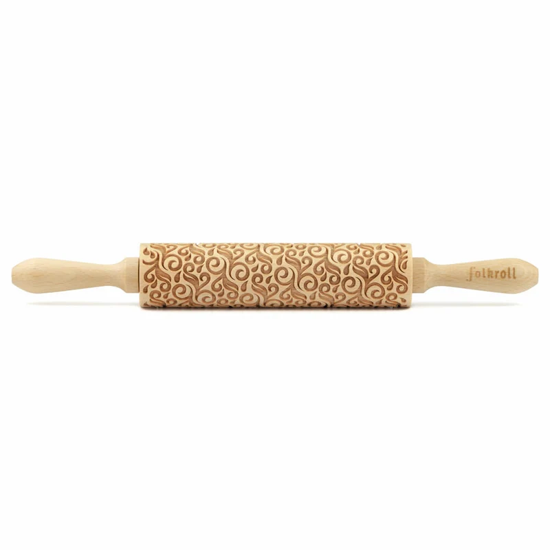 Folkroll Motiv-Teigrolle Floral Deko, medium, 37 cm, Nudelholz, Prägerolle, Muster, Rolle, Buchenholz, 892783