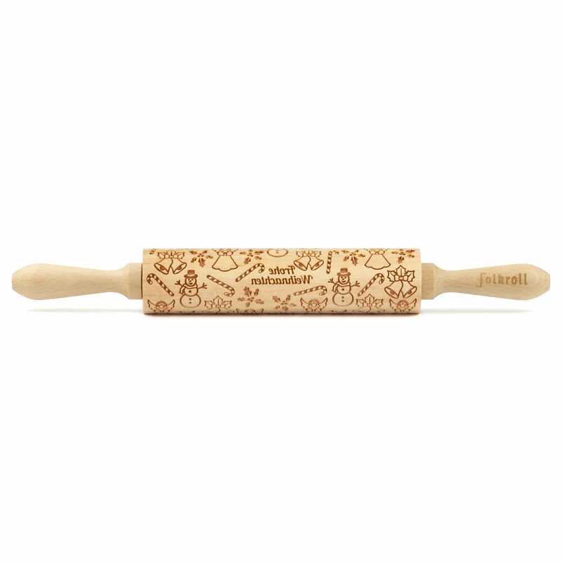 Folkroll Motiv-Teigrolle Frohe Weihnachten, medium, 37 cm, Nudelholz, Prägerolle, Muster, Rolle, Buchenholz, 892844