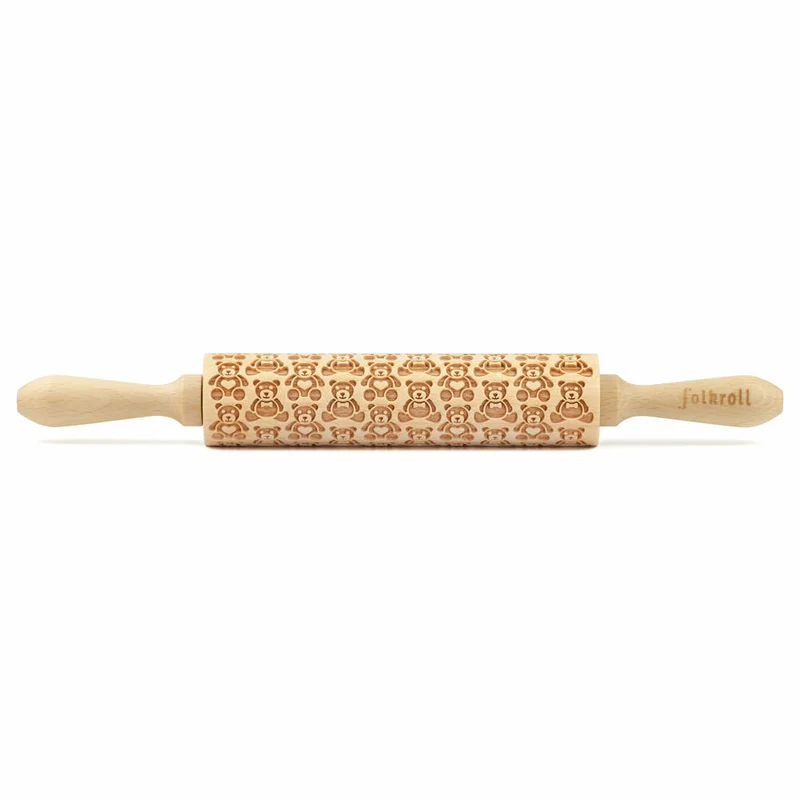 Folkroll Motiv-Teigrolle Teddybären, medium, 37 cm, Nudelholz, Prägerolle, Muster, Rolle, Buchenholz, 892905