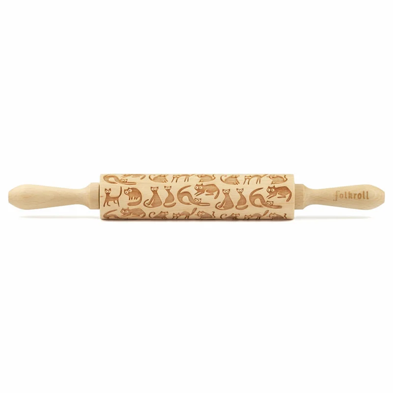Folkroll Motiv-Teigrolle Katzen, medium, 37 cm, Nudelholz, Prägerolle, Muster, Rolle, Buchenholz, 892912