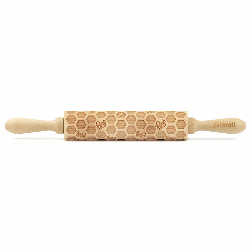 Folkroll Motiv-Teigrolle Bienenwaben, medium, 37 cm, Nudelholz, Prägerolle, Muster, Rolle, Buchenholz, 892974