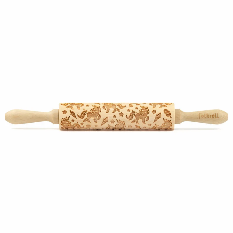 Folkroll Motiv-Teigrolle Einhorn, medium, 37 cm, Nudelholz, Prägerolle, Muster, Rolle, Buchenholz, 893025