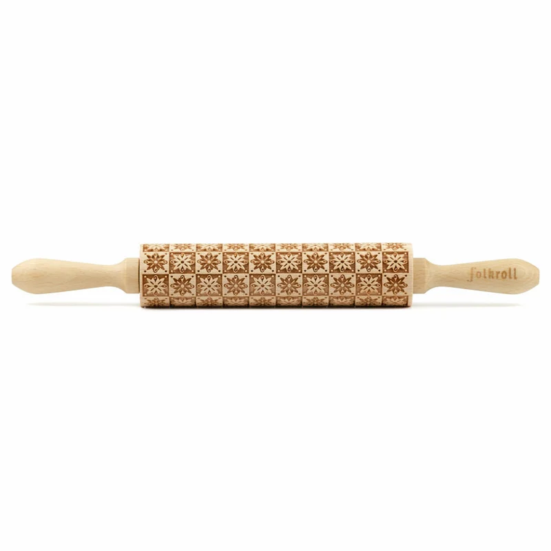 Folkroll Motiv-Teigrolle Blüte Schachbrett, medium, 37 cm, Nudelholz, Prägerolle, Muster, Rolle, Buchenholz, 231051
