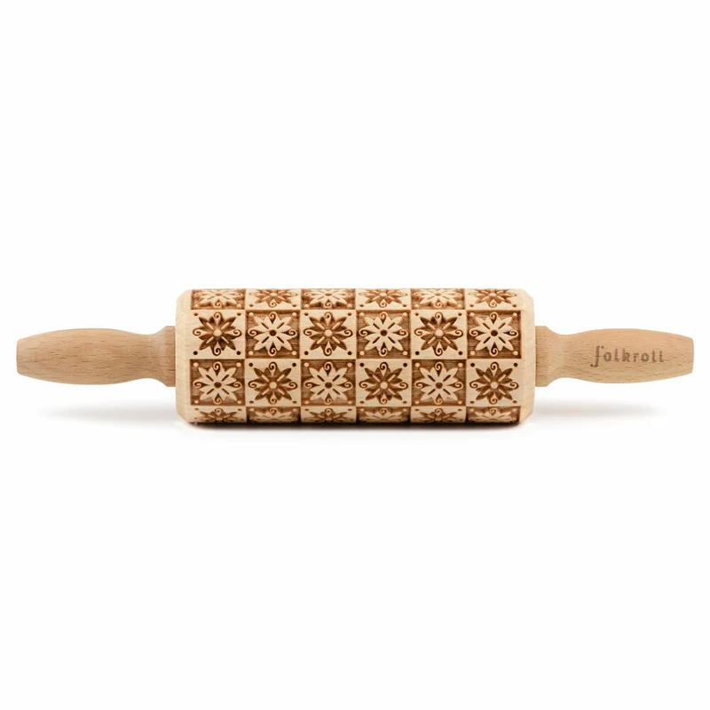 Folkroll Motiv-Teigrolle Blüte Schachbrett, junior, 23 cm, Nudelholz, Prägerolle, Muster, Rolle, Buchenholz, 231068