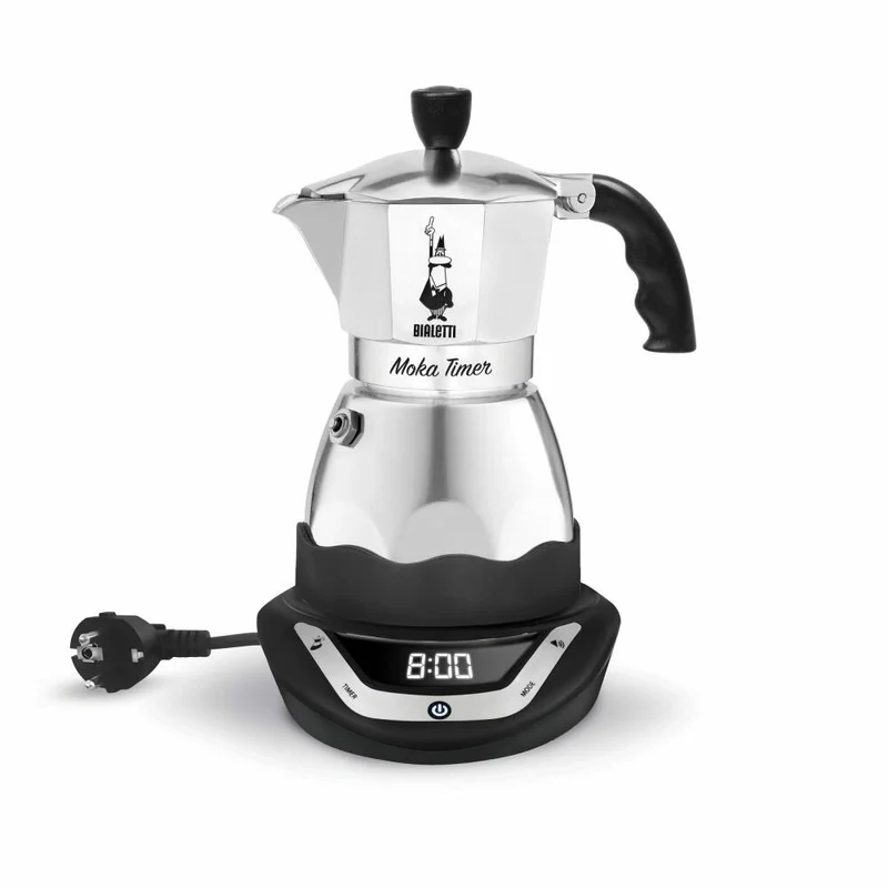 Bialetti Espressokocher Moka Timer 3 Tassen, Elektrischer Espresso Kocher, Kaffee, Kanne, Silber-Schwarz, 145 ml, 6092