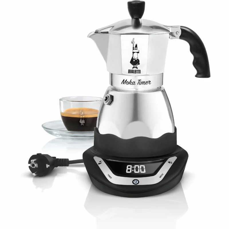 Bialetti Espressokocher Moka Timer 3 Tassen, Elektrischer Espresso Kocher, Kaffee, Kanne, Silber-Schwarz, 145 ml, 6092