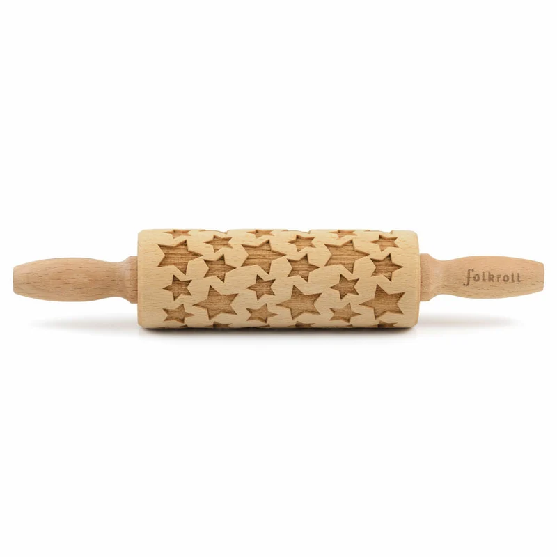 Folkroll Teigrolle Sterne, junior, 23 cm, Nudelholz, Prägerolle, Muster, Motiv, Rolle, Buchenholz, 330524