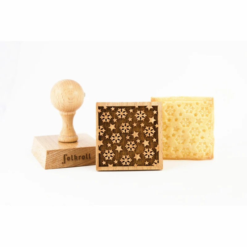 Folkroll Keksstempel Schneeflocken & Sterne, 55x55 mm, Cookiestempel, Backstempel, Keks, Stempel, Motiv, Buchenholz, 334829