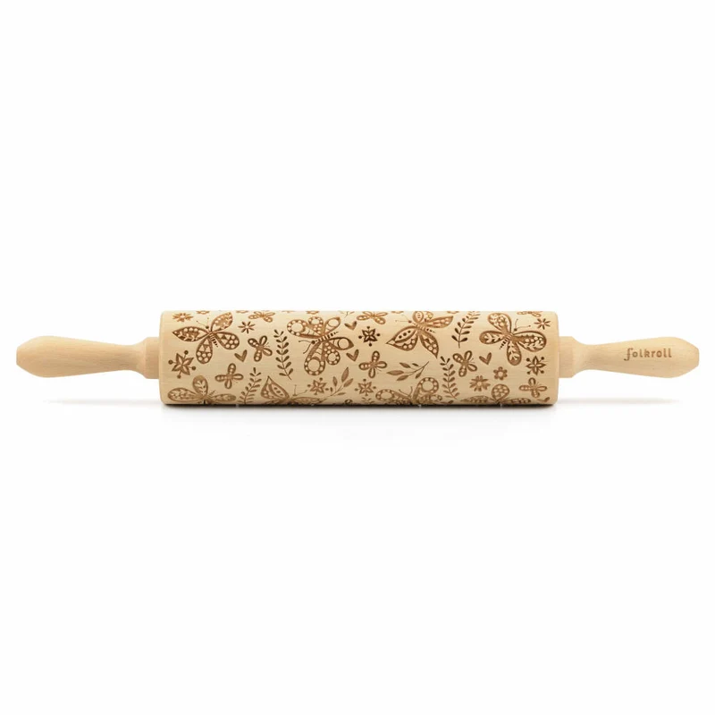 Folkroll Teigrolle Schmetterlinge, groß, 43 cm, Nudelholz, Prägerolle, Muster, Motiv, Rolle, Buchenholz, 330340
