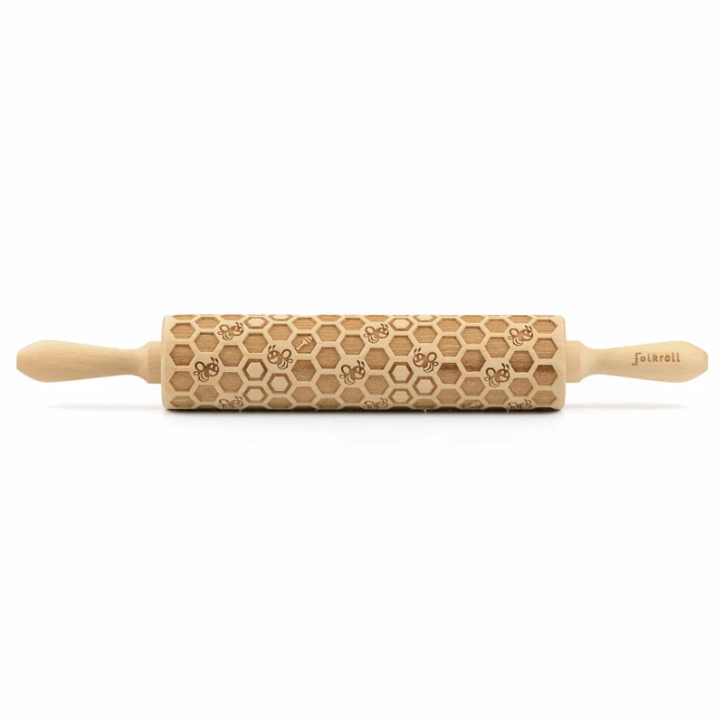 Folkroll Teigrolle Bienenwaben, groß, 43 cm, Nudelholz, Prägerolle, Muster, Motiv, Rolle, Buchenholz, 330357