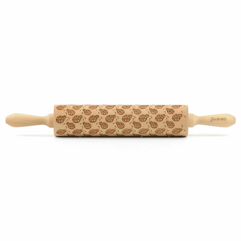 Folkroll Teigrolle Marienkäfer, groß, 43 cm, Nudelholz, Prägerolle, Muster, Motiv, Rolle, Buchenholz, 330364