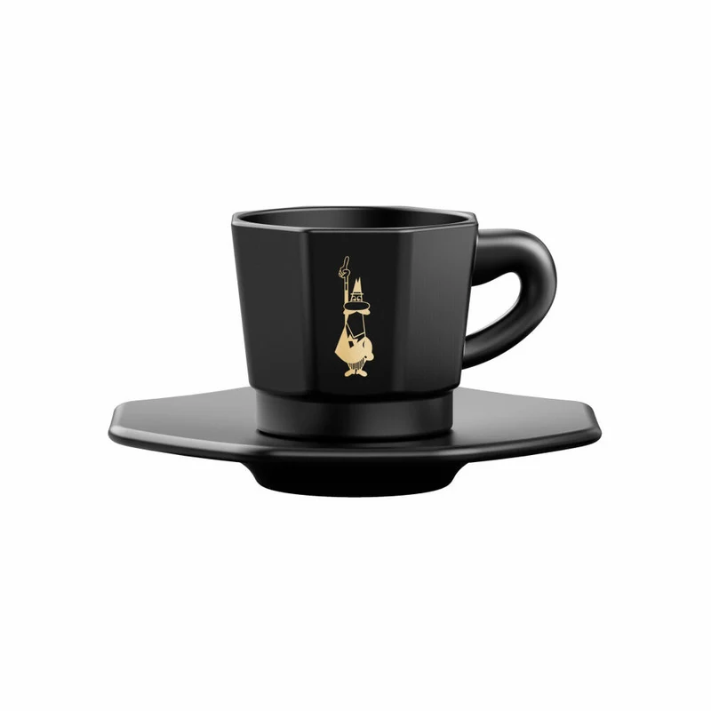 Bialetti achteckige Espressotassen 4er Set mit Unterteller, Espressobecher, Espresso, Porzellan, Schwarz, RTATZ403