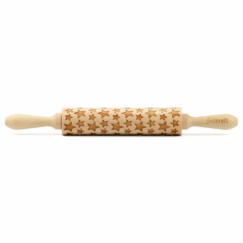 Folkroll Teigrolle Sterne, medium, 37 cm, Nudelholz, Prägerolle, Muster, Motiv, Rolle, Buchenholz, 339930