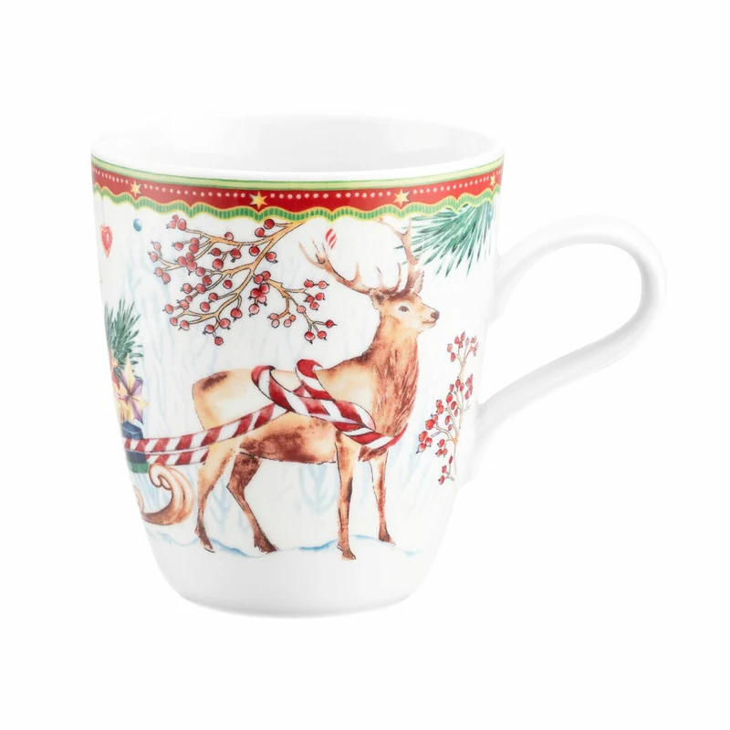 Seltmann Weiden Becher mit Henkel, Kaffeebecher, Teetasse, Tasse, Porzellan, Hirsch mit Schlitten, 400 ml, 001.767890