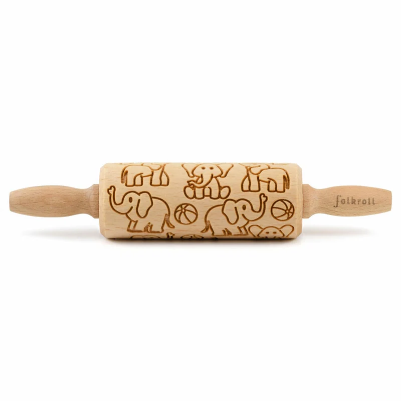 Folkroll Teigrolle Elefanten, junior, 23 cm, Nudelholz, Prägerolle, Muster, Motiv, Rolle, Buchenholz, 336960