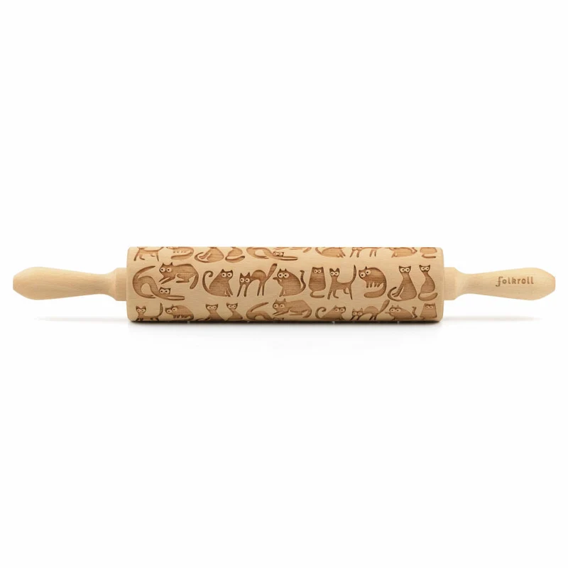 Folkroll Teigrolle Katzen, groß, 43 cm, Nudelholz, Prägerolle, Muster, Motiv, Rolle, Buchenholz, 330319