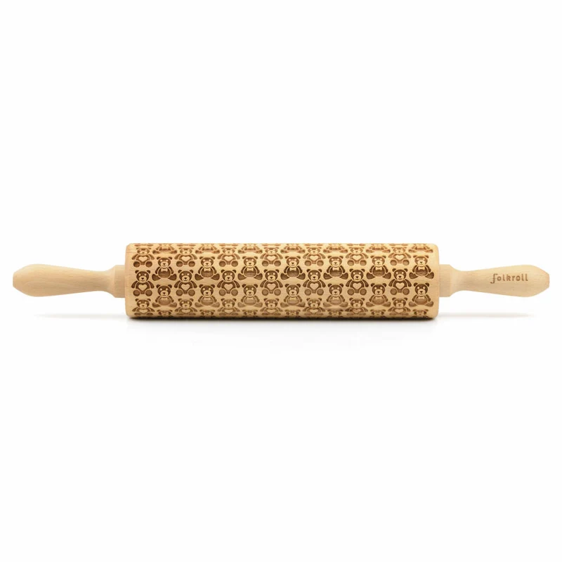 Folkroll Teigrolle Teddybären, groß, 43 cm, Nudelholz, Prägerolle, Muster, Motiv, Rolle, Buchenholz, 331453