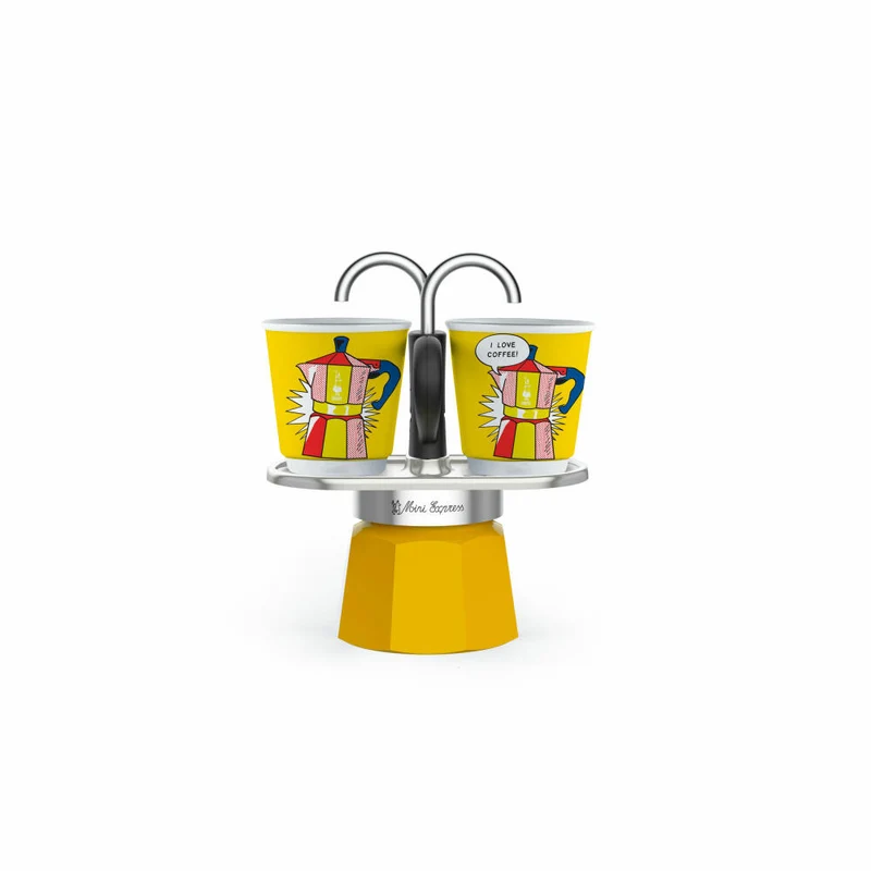Bialetti Espressokocher-Set Mini 3-tlg. Express Lichtenstein für 2 Tassen, Espresso, Espressokanne, Kaffeebereiter, Bunt, 90 ml, 1405
