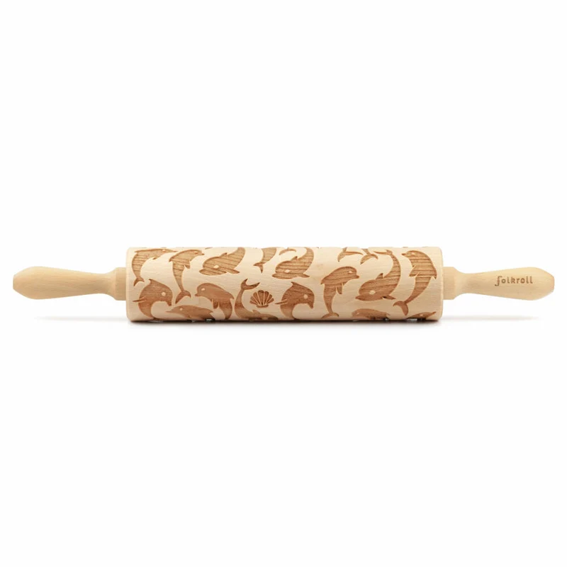 Folkroll Teigrolle Delfine, groß, 43 cm, Nudelholz, Prägerolle, Muster, Motiv, Rolle, Buchenholz, 336984