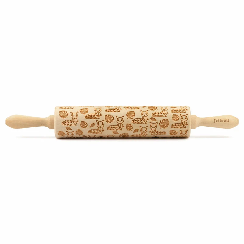 Folkroll Teigrolle Raupen, groß, 43 cm, Nudelholz, Prägerolle, Muster, Motiv, Rolle, Buchenholz, 337073