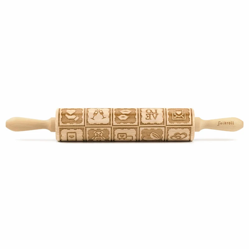 Folkroll Teigrolle Love Message, groß, 43 cm, Nudelholz, Prägerolle, Muster, Motiv, Rolle, Buchenholz, 334072