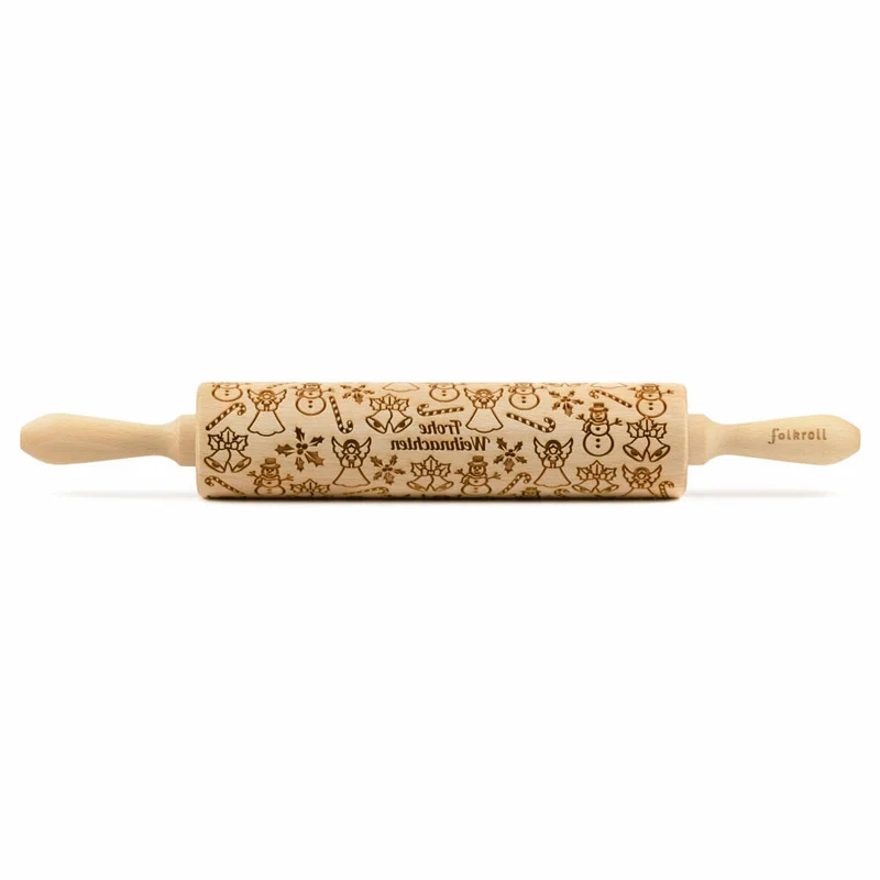 Folkroll Teigrolle Frohe Weihnachten, groß, 43 cm, Nudelholz, Prägerolle, Muster, Motiv, Rolle, Buchenholz, 334935