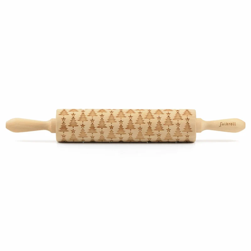 Folkroll Teigrolle Christbaum, groß, 43 cm, Nudelholz, Prägerolle, Muster, Motiv, Rolle, Buchenholz, 330289