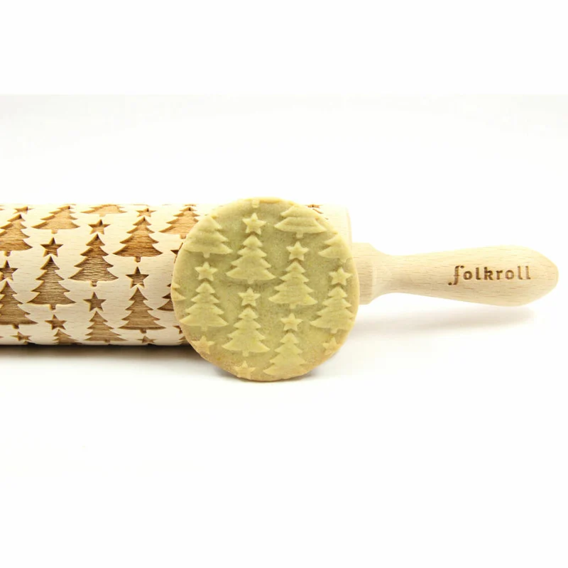 Folkroll Teigrolle Christbaum, groß, 43 cm, Nudelholz, Prägerolle, Muster, Motiv, Rolle, Buchenholz, 330289