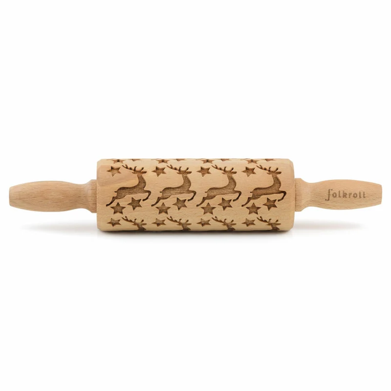Folkroll Teigrolle Rentier Sterne, junior, 23 cm, Nudelholz, Prägerolle, Muster, Motiv, Rolle, Buchenholz, 330470