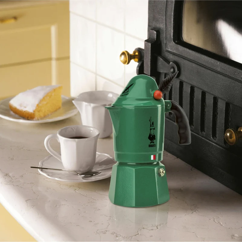 Bialetti Espressokocher Break Alpina für 3 Tassen, Espresso, Espressokanne, Kaffeebereiter, Aluminium, Grün, 130 ml, 2762