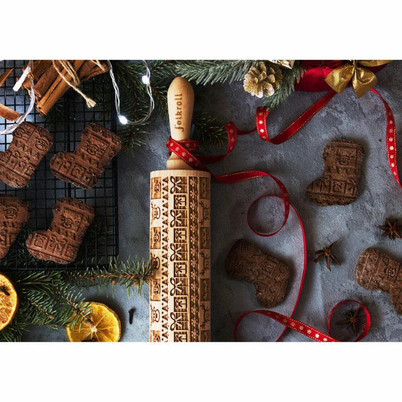 Folkroll Teigrolle Christmas Joy, groß, 43 cm, Nudelholz, Prägerolle, Muster, Motiv, Rolle, Buchenholz, 332726
