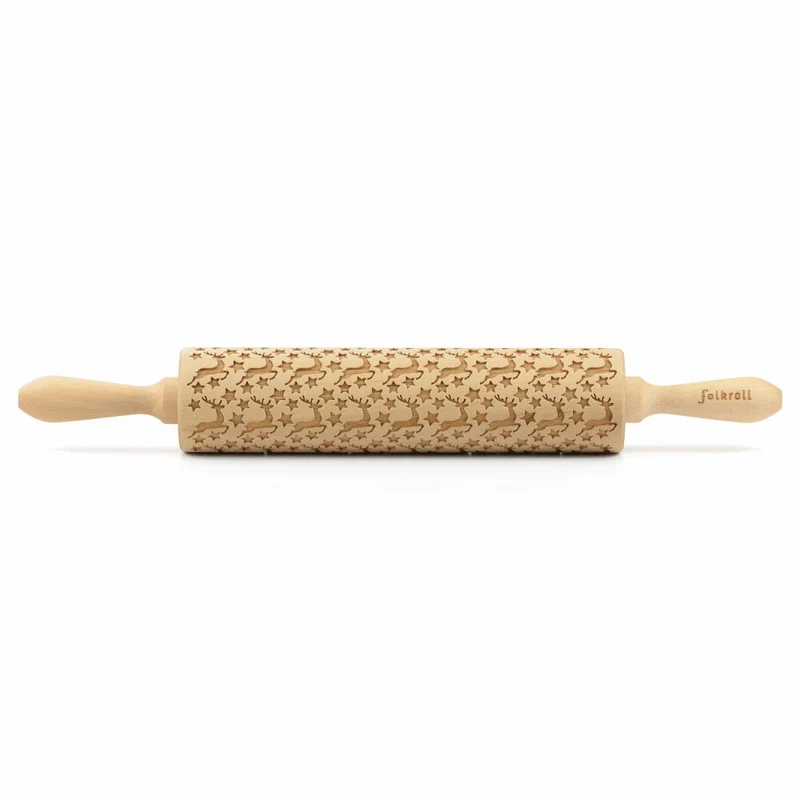Folkroll Teigrolle Rentier Sterne, groß, 43 cm, Nudelholz, Prägerolle, Muster, Motiv, Rolle, Buchenholz, 330265
