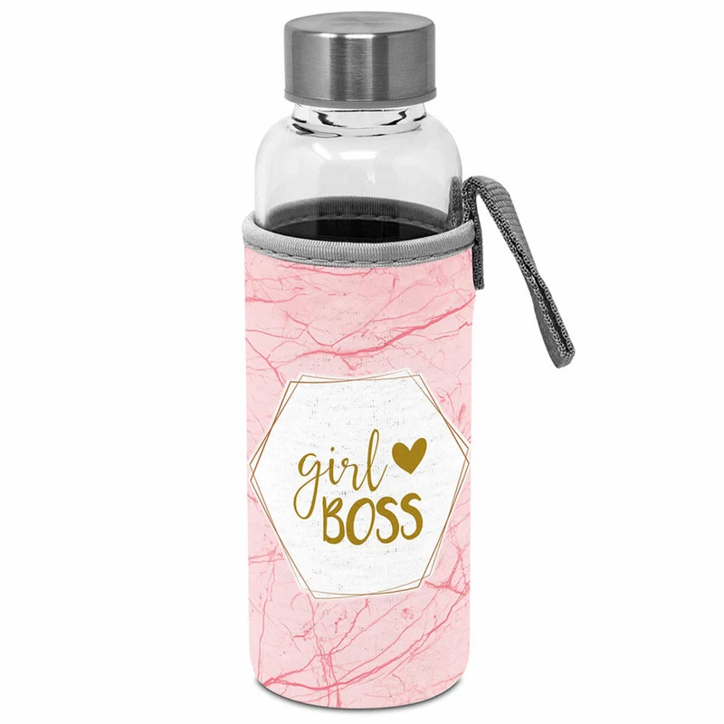 PPD Glass Bottle Girlboss, mit Schützhülle, Flasche, Glasflasche, Trinkflasche, Borosilikatglas, 350 ml, 461321