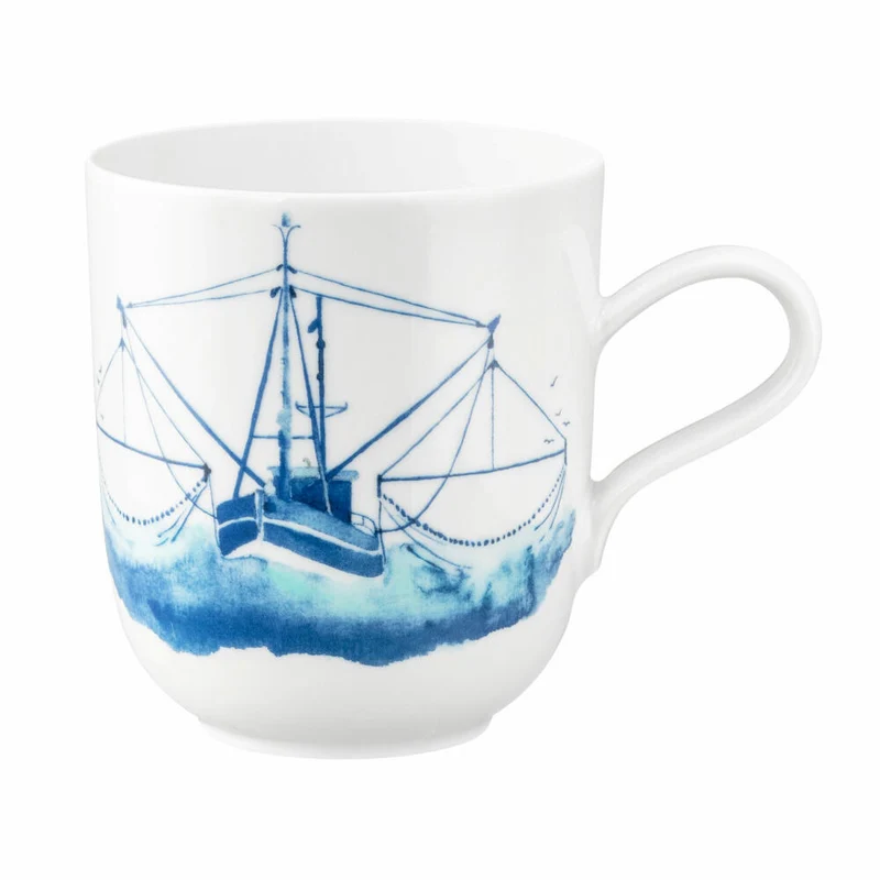 Seltmann Weiden Becher mit Henkel, Kaffeebecher, Teetasse, Tasse, Porzellan, Fischkutter, 400 ml, 001.769164