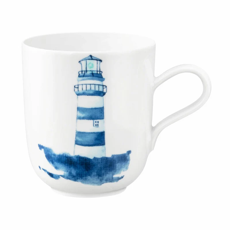 Seltmann Weiden Becher mit Henkel, Kaffeebecher, Teetasse, Tasse, Porzellan, Leuchtturm blau-weiß, 400 ml, 001.769165