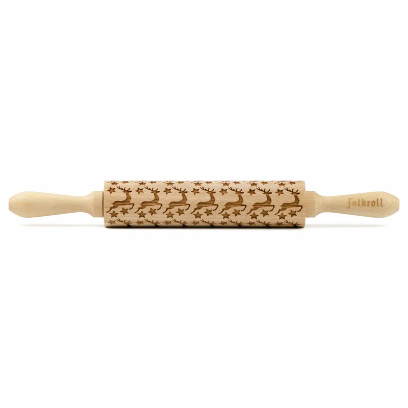 Folkroll Teigrolle Rentier Sterne, medium, 37 cm, Nudelholz, Prägerolle, Muster, Motiv, Rolle, Buchenholz, 339909