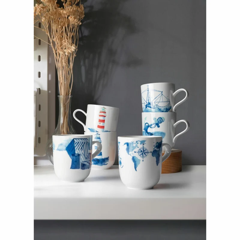 Seltmann Weiden Becher mit Henkel, Kaffeebecher, Teetasse, Tasse, Porzellan, Seekarte, 400 ml, 001.769168