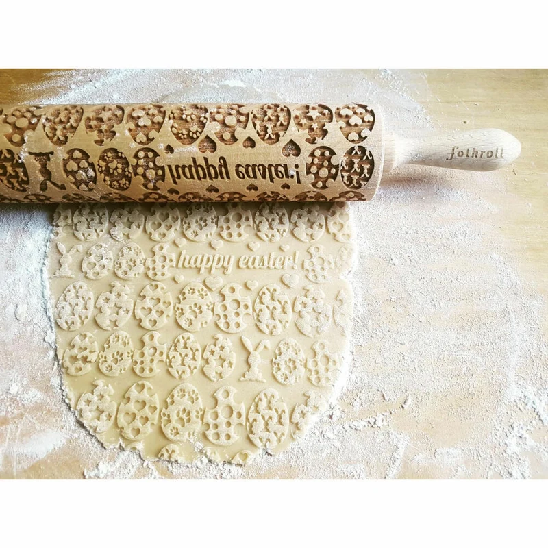 Folkroll Teigrolle Happy Easter, groß, 43 cm, Nudelholz, Prägerolle, Muster, Motiv, Rolle, Buchenholz, 331392