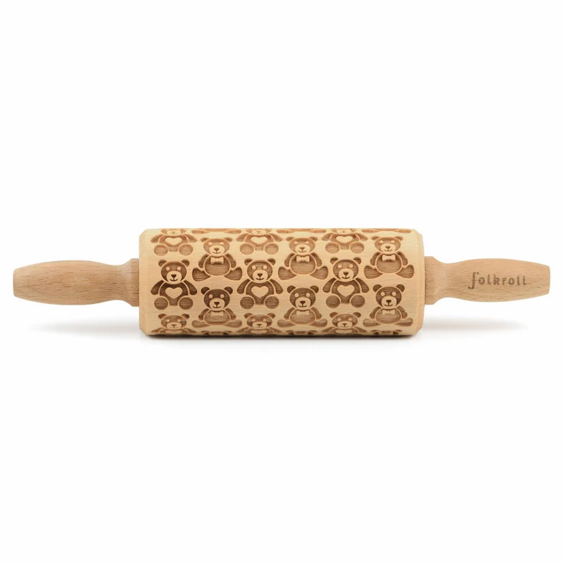 Folkroll Teigrolle Teddybären, junior, 23 cm, Nudelholz, Prägerolle, Muster, Motiv, Rolle, Buchenholz, 331682